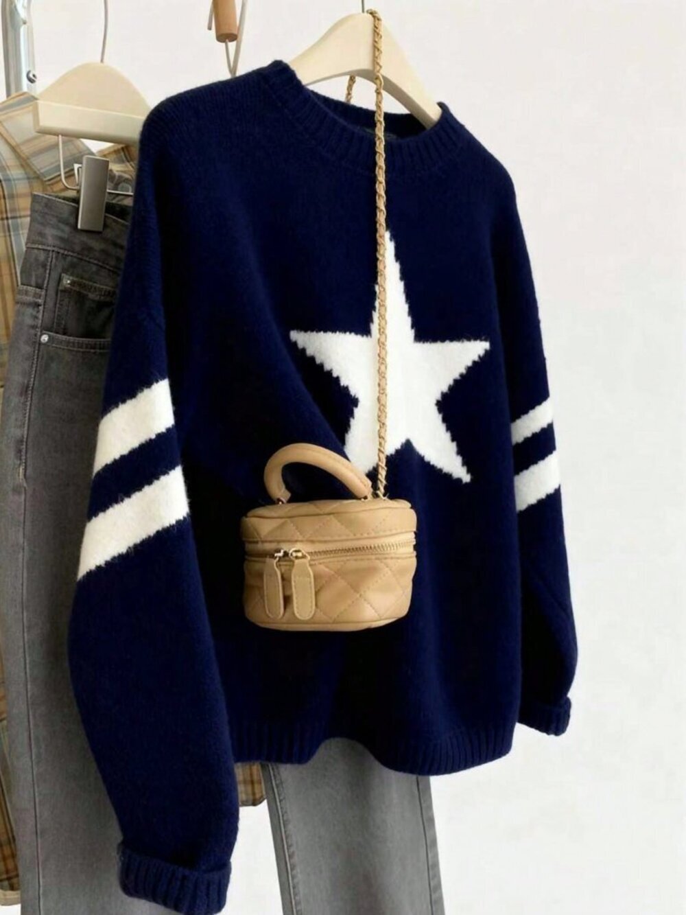 Navy Blue Casual Women's Round Neck Jacquard Star Pattern Long Sleeve Sweater